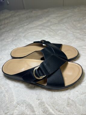 Patrizia by Spring Step Black Leather Slide Sandals with Gold Buckle